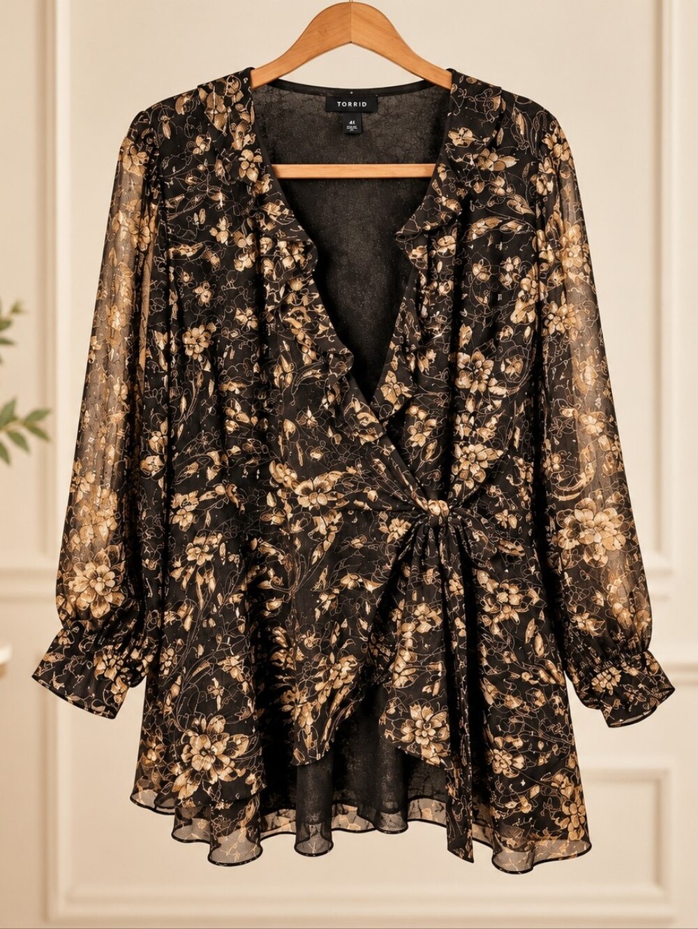 Torrid 4X Black Gold Floral Shimmer Ruffle Wrap Tunic Dress